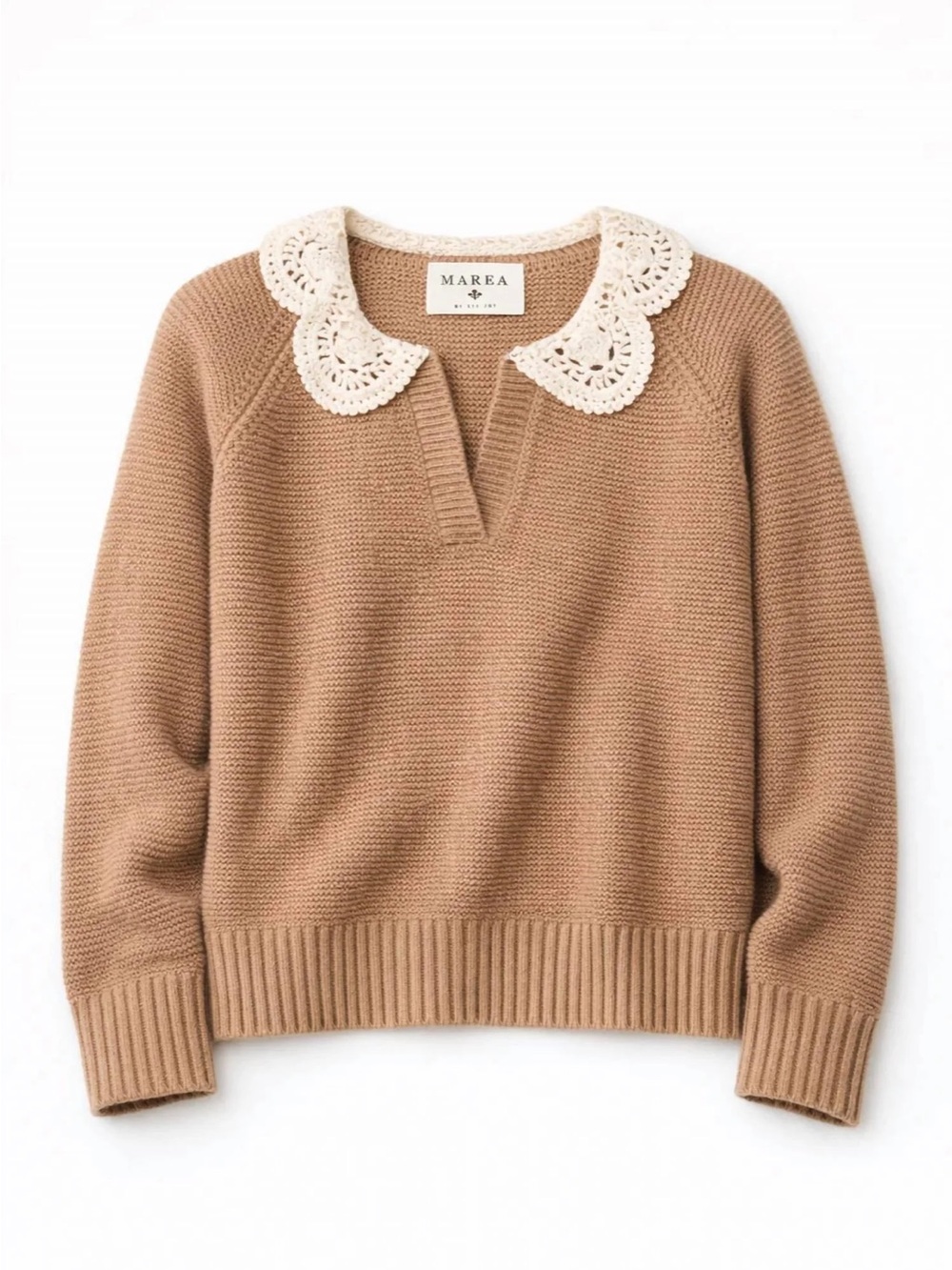 MAREA Camel V-Neck Sweater with Cream Crochet Collar